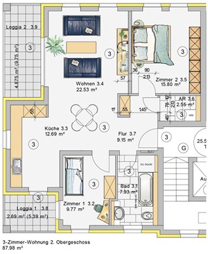 3-Zimmer-Wohnung im 2. Obergeschoss (W3)